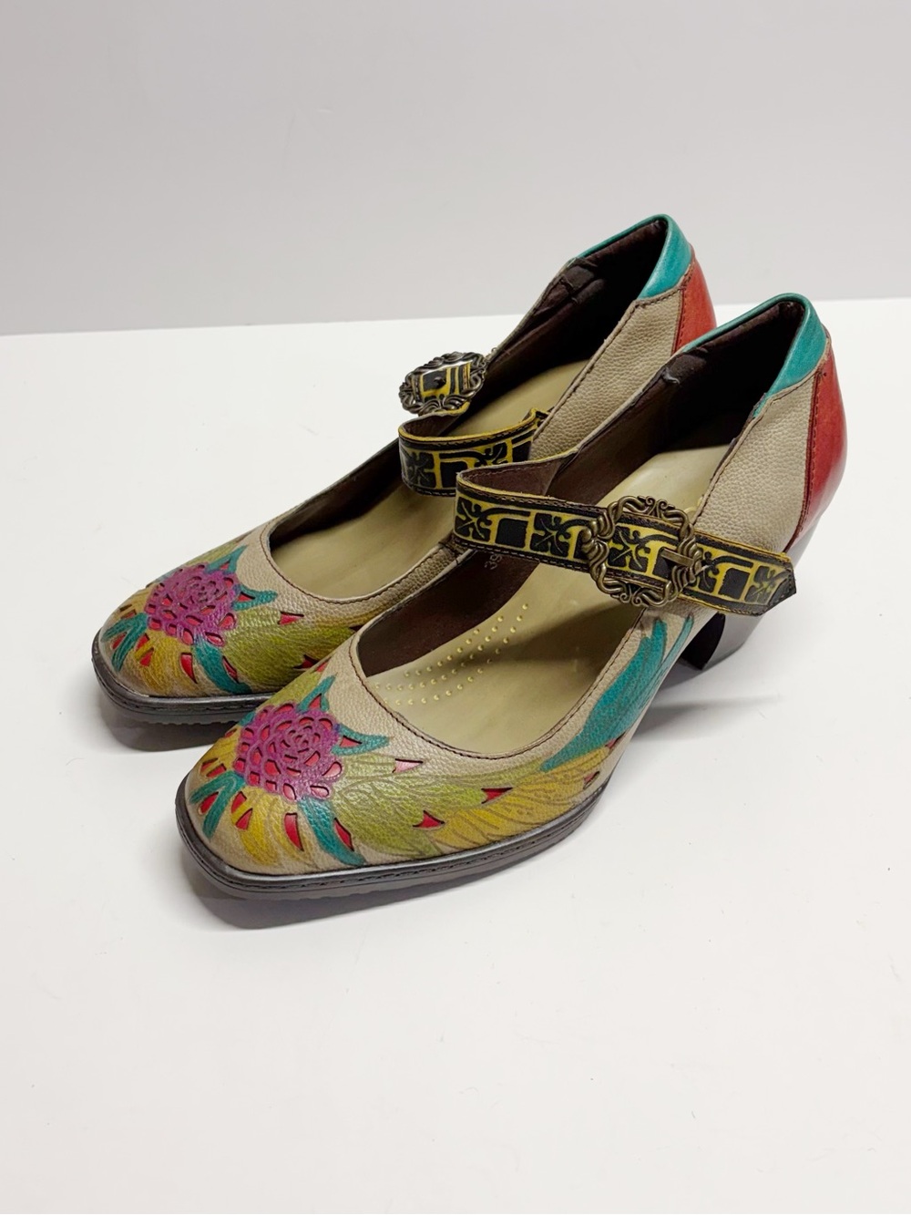Floral Multicolor Mary Jane Heels in Teal, Pink & Red